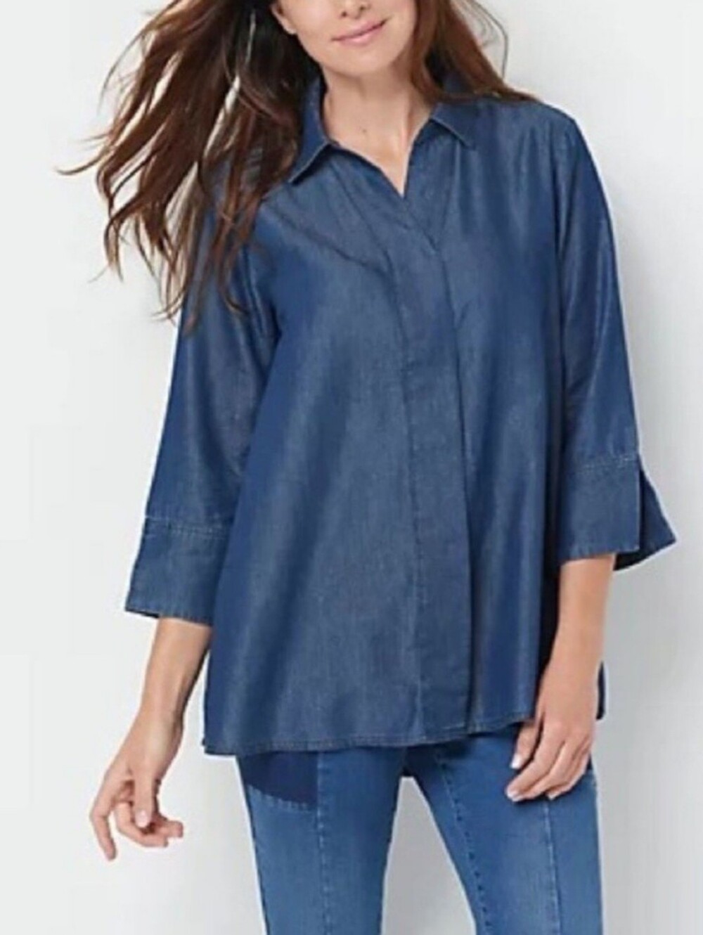 Martha Stewart Chambray Button Front 3/4- Sleeve Hi-Low Hem Blouse